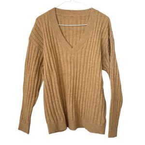 Cupshe Chunky Ribbed Knit V-Neck Long Sleeve Pullover Camel Sweater Size Medium